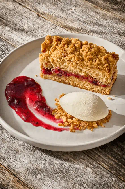 PB and J Cake with Black Currant Sauce