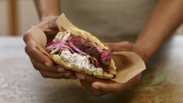 Sweet Plantain and Steak Arepas with Tzatziki Hot Sauce