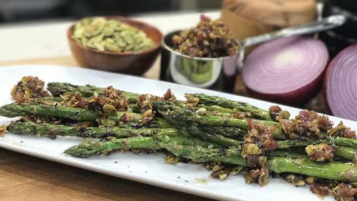 Barbecue Onion and Pepita Crusted Asparagus