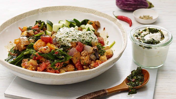 Chickpea and Ground Lamb Breakfast Hash with Skhug Sauce
