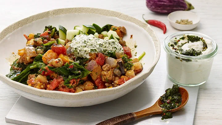 Chickpea and Ground Lamb Breakfast Hash with Skhug Sauce