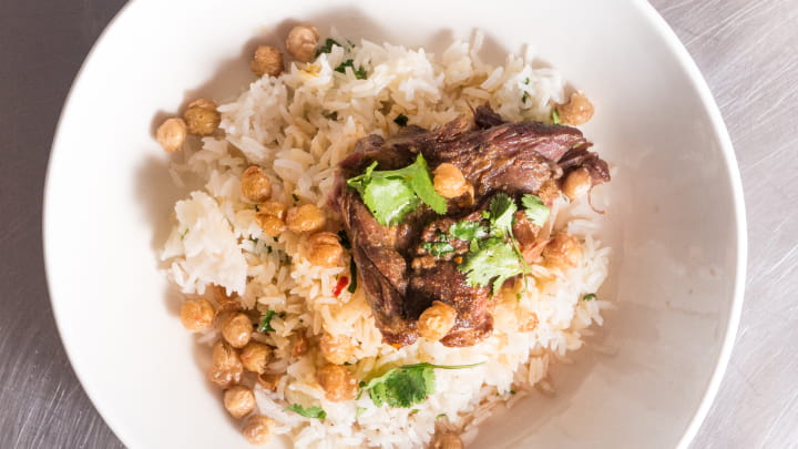 Curry Goat with Rice and Fried Chickpeas