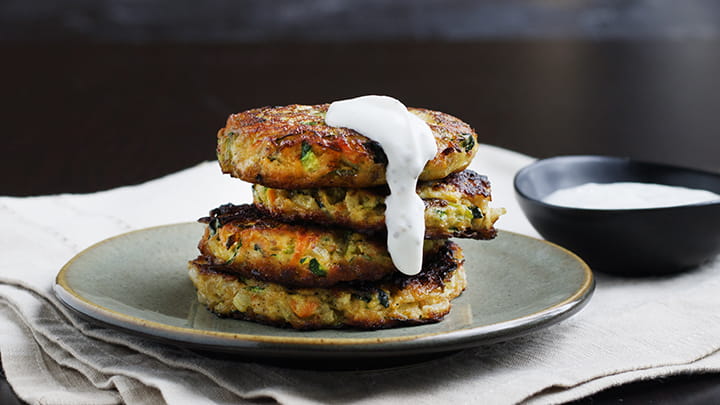 Vegetable Pancakes with Yogurt Goat Cheese Sauce