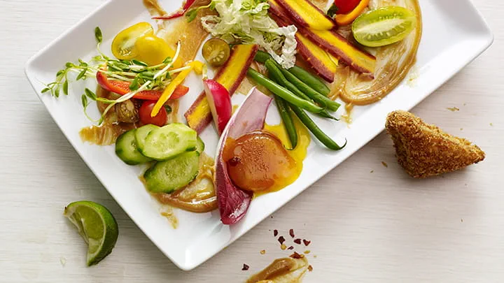 Indonesian Gado Gado Salad with Soy Ginger Cured Egg and Shrimp Toast