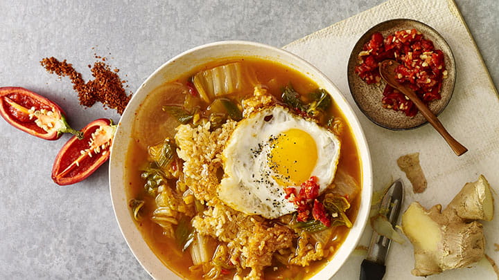 Kimchi Broth Bowl with Crispy Rice and Fried Egg