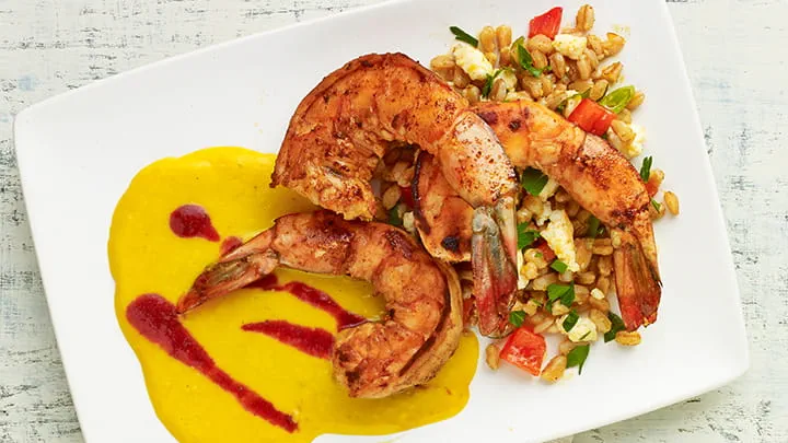 Spiced Shrimp with Roasted Corn Puree Plum Sauce and Farro Salad