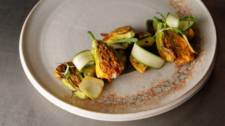 Squash Blossoms Scented Ricotta and Charred Squash