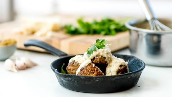 Zesty Pork Meatballs with Cumin and Garlic Cream