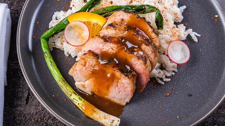 Miso Glazed Pork with Charred Scallions and Spicy Seasoned Rice