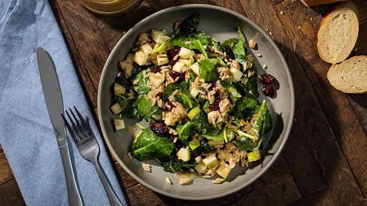 Rice Salad with Kale Apples and Honey Garlic Vinaigrette
