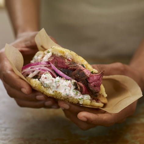 Sweet Plantain and Steak Arepas with Tzatziki Hot Sauce