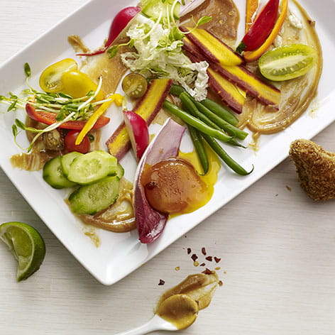 Indonesian Gado Gado Salad with Soy Ginger Cured Egg and Shrimp Toast