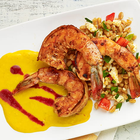 Spiced Shrimp with Roasted Corn Puree Plum Sauce and Farro Salad