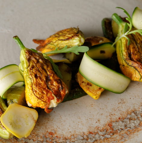 Squash Blossoms Scented Ricotta and Charred Squash