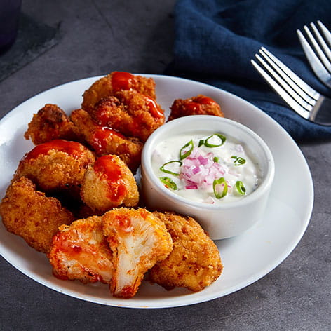 Spicy Buffalo Battered Roasted Cauliflower and Dip