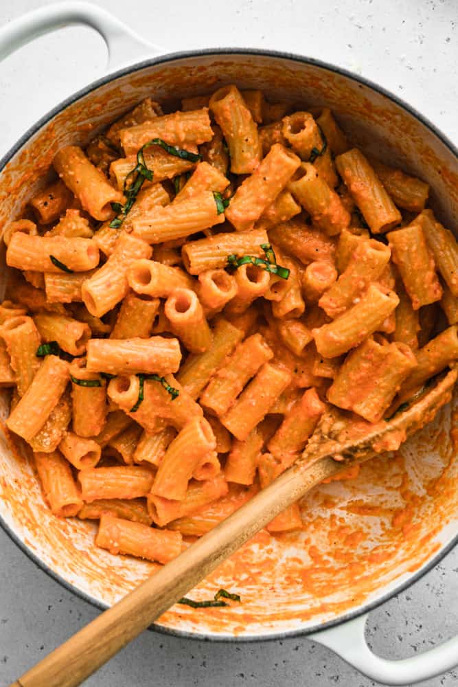 Red pepper pasta in the serving bowl