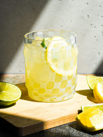 lemon lime margarita in a glass with lime and lemon slices.