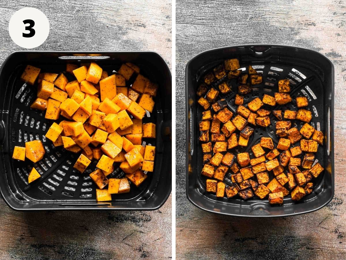 Before and after air frying butternut squash.