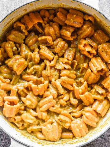 Finished creamy pumpkin pasta sauce in a dutch oven.