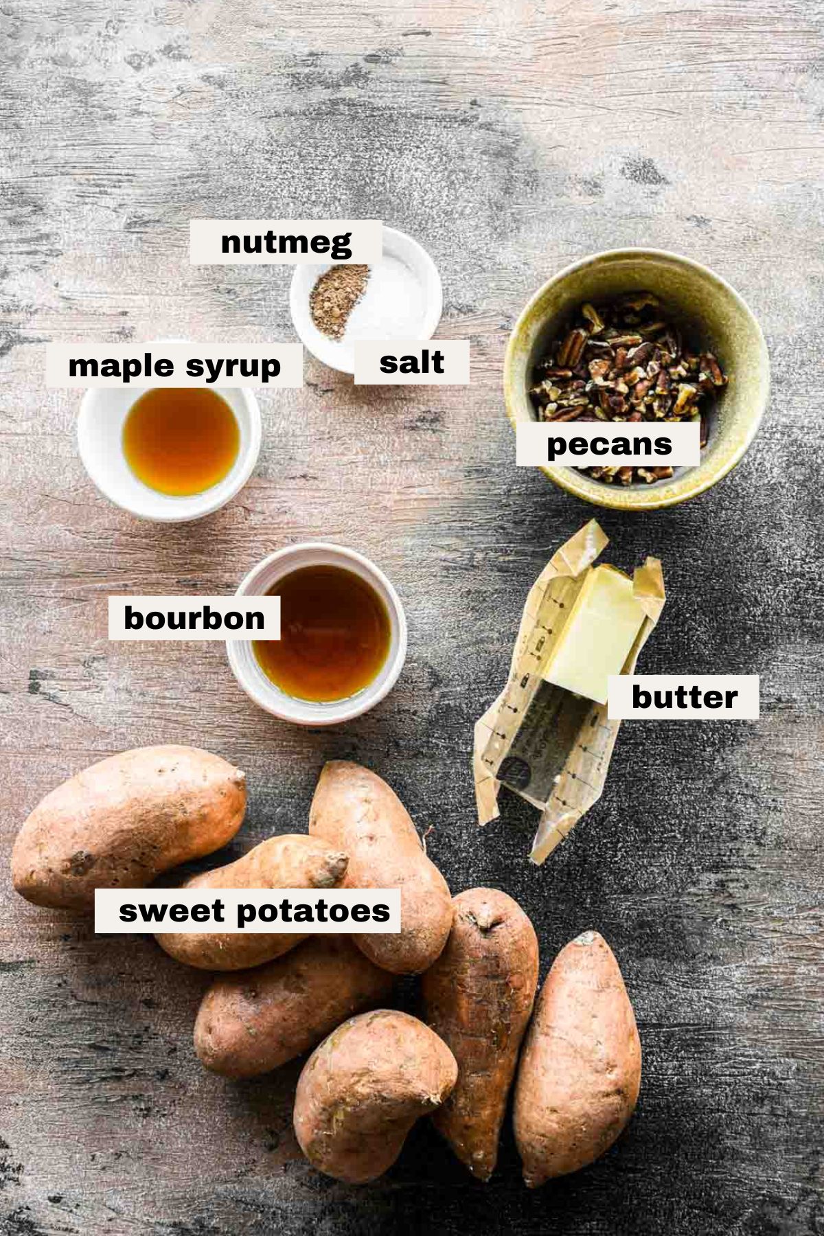 Ingredients for bourbon mashed sweet potatoes.