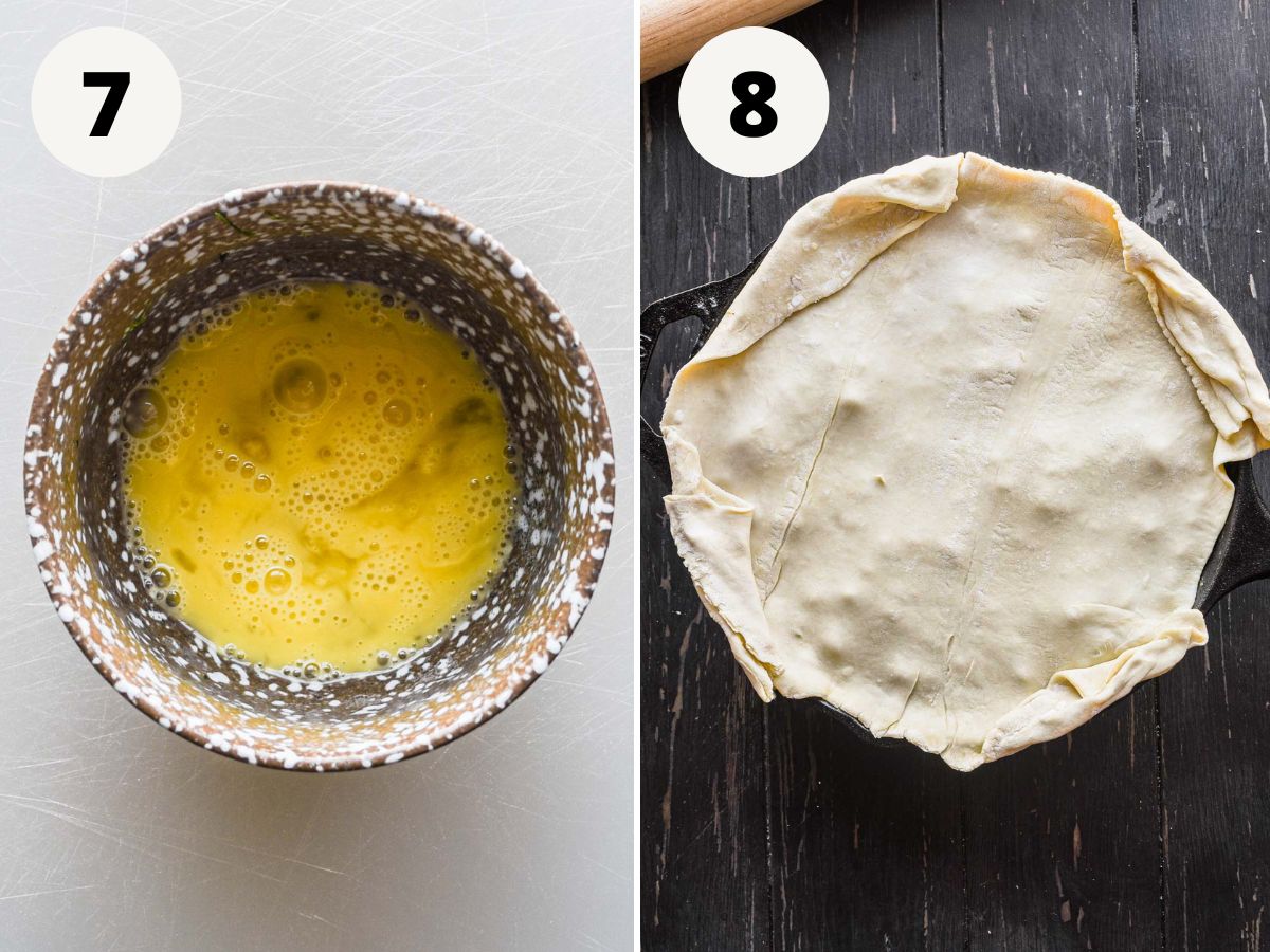 Side by side images of egg wash and puff pastry laid on top of skillet.