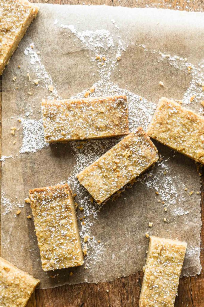 Browned butter shortbread with powdered sugar on top.