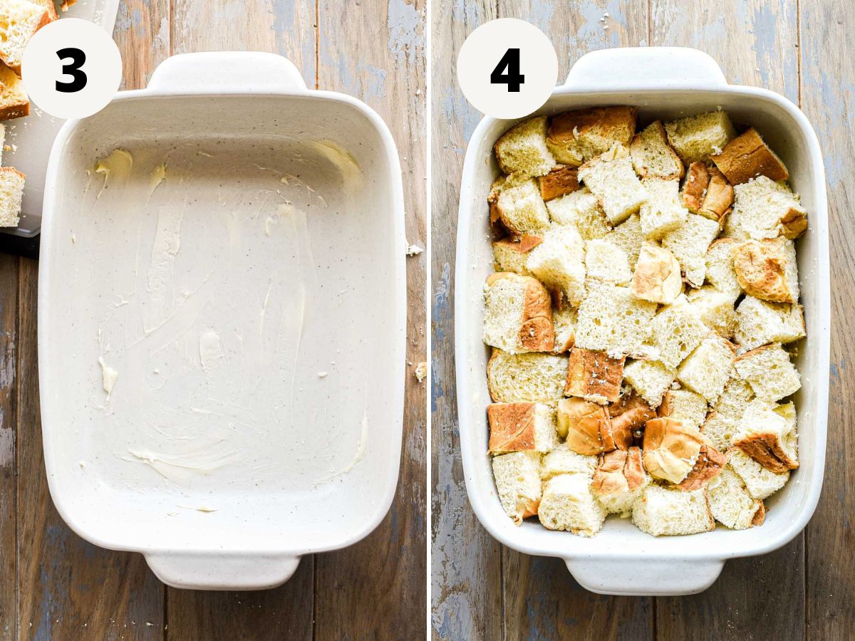 Side by side images of the buttered baking dish with the dry bread put inside.