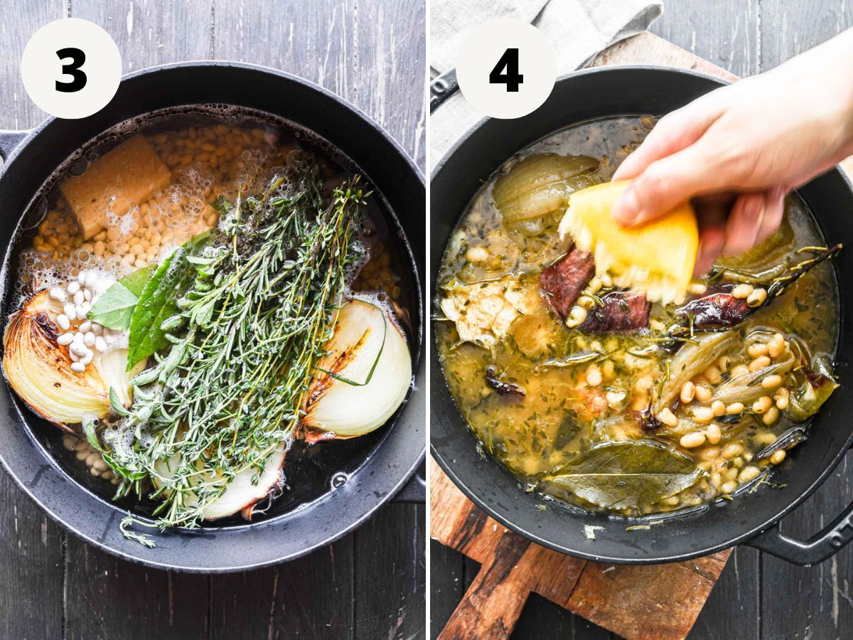 side by side images of adding the additional ingredients and squeezing in lemon juice.