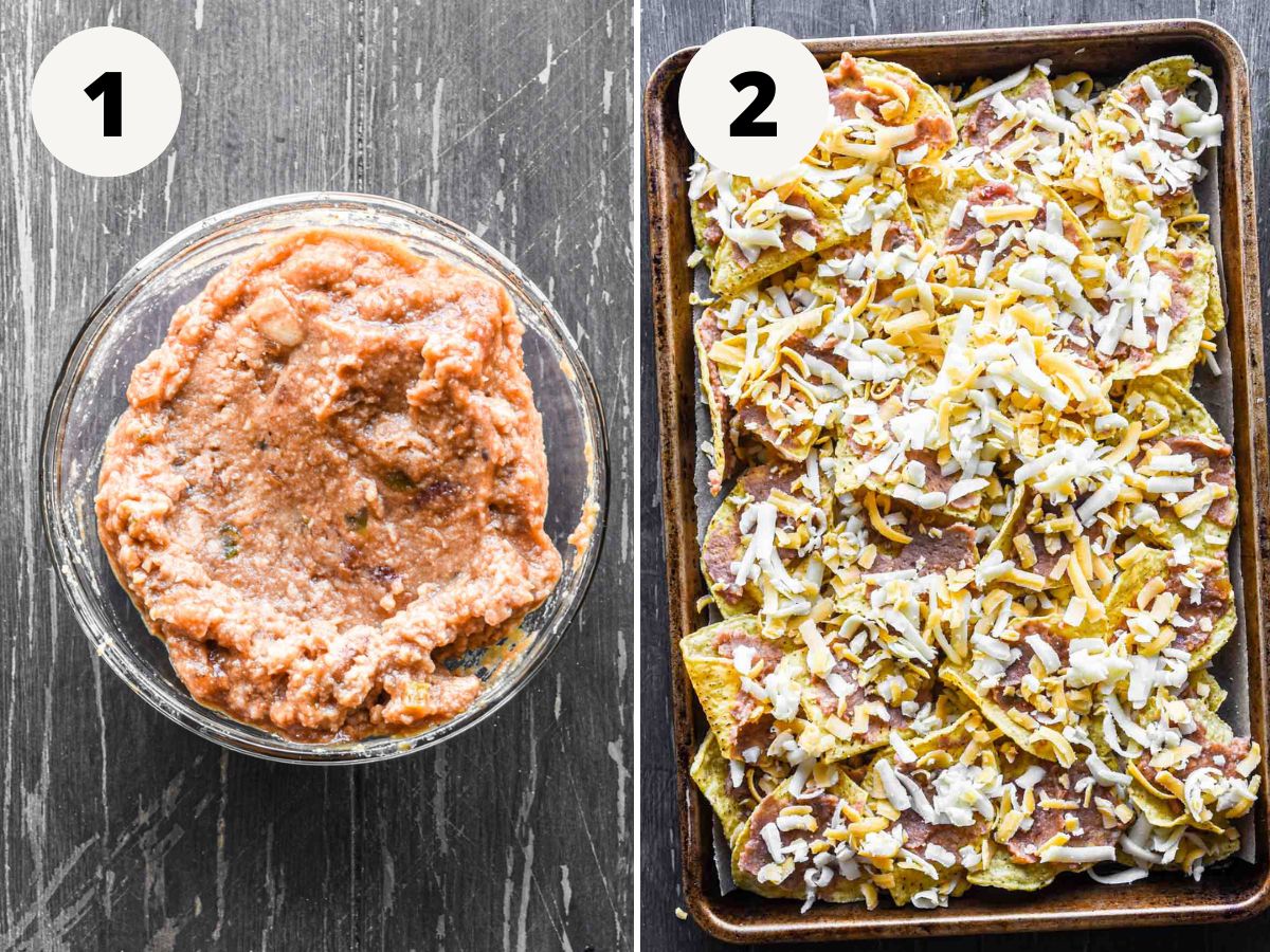 Side by side images of the bean mixture and layering the chips.