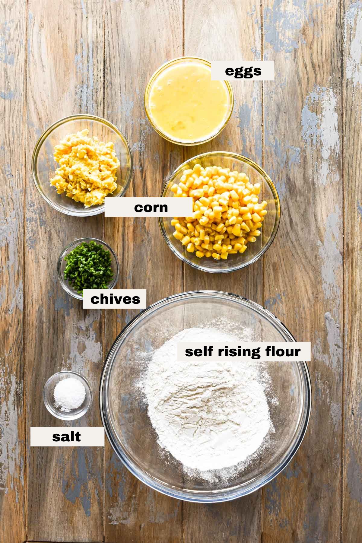 Ingredients needed to make corn fritters.
