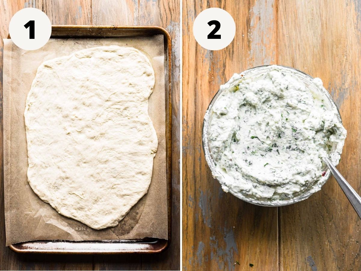 Rolling out the dough and making the ricotta cheese mixture.