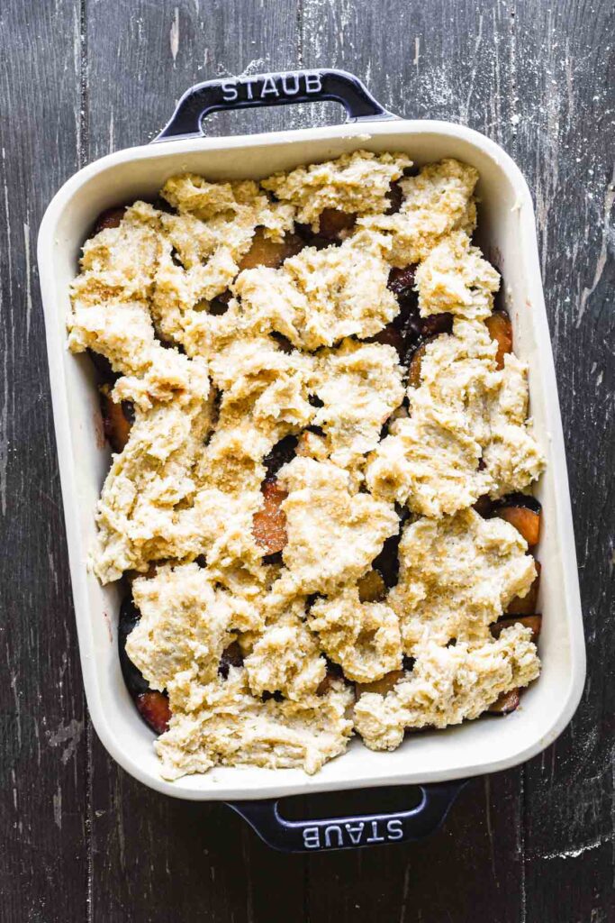 Plum cobbler pre-bake.