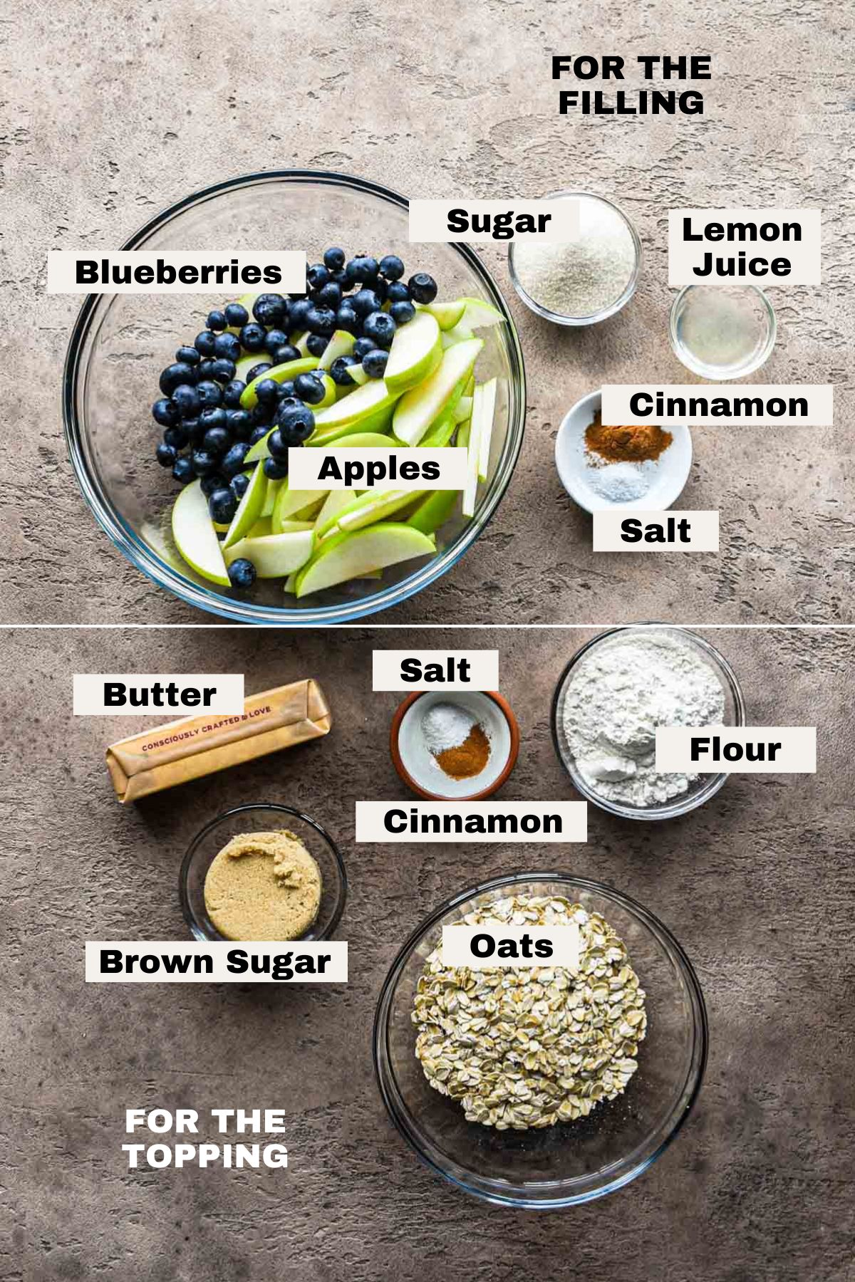 Ingredients to make apple blueberry crumble.