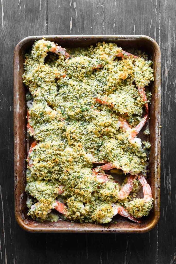 Finished baked shrimp oreganata.