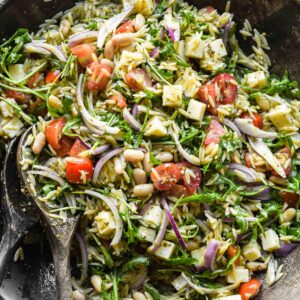 Close up of pasta salad.
