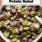 Dill pickle potato salad in a bowl.