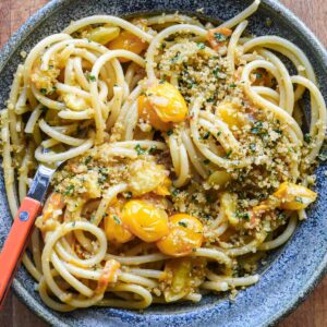 Up close of sungold tomato sauce asta