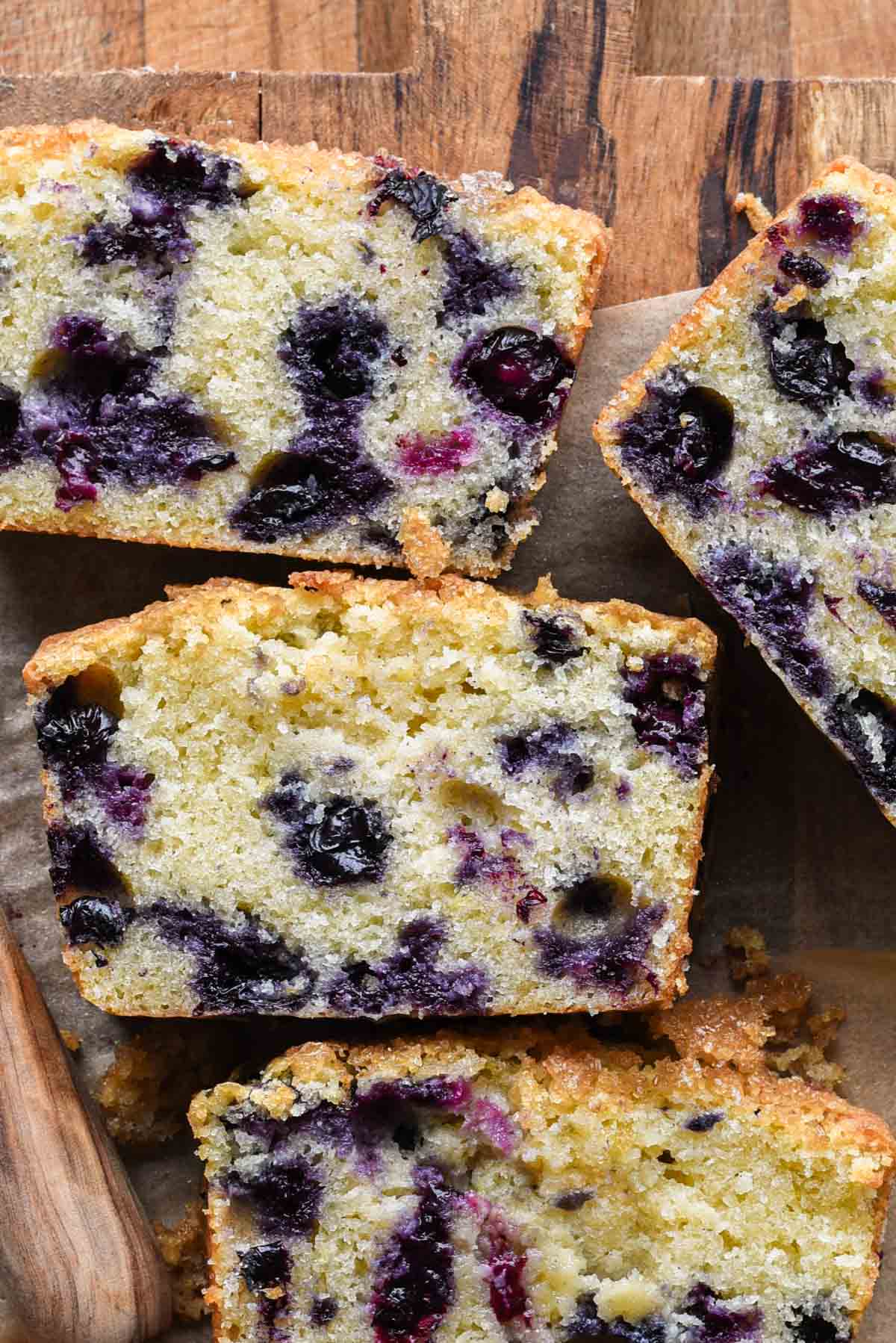 Up close slices of lemon blueberry mascarpone cake.