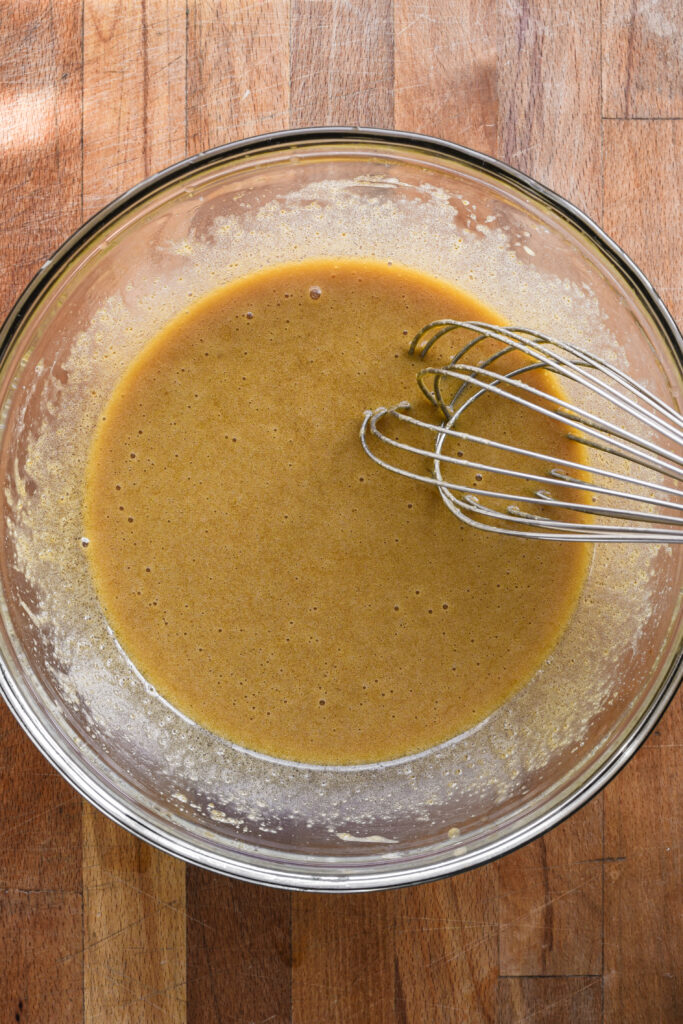 Whisked with eggs and vanilla.