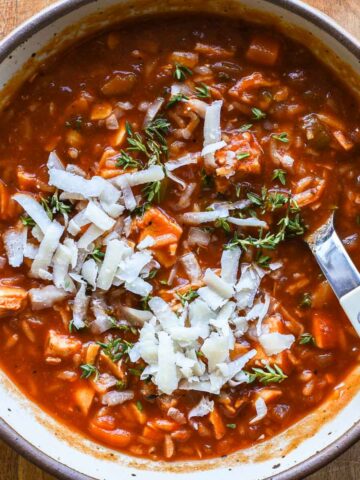 Finished soup in a bowl.