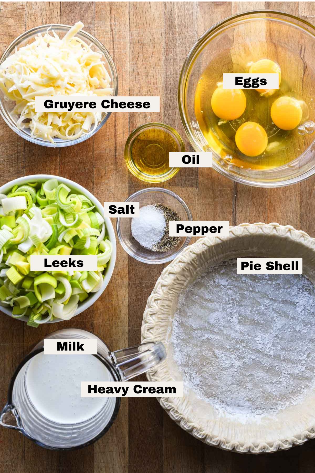 Ingredients labeled on a table.