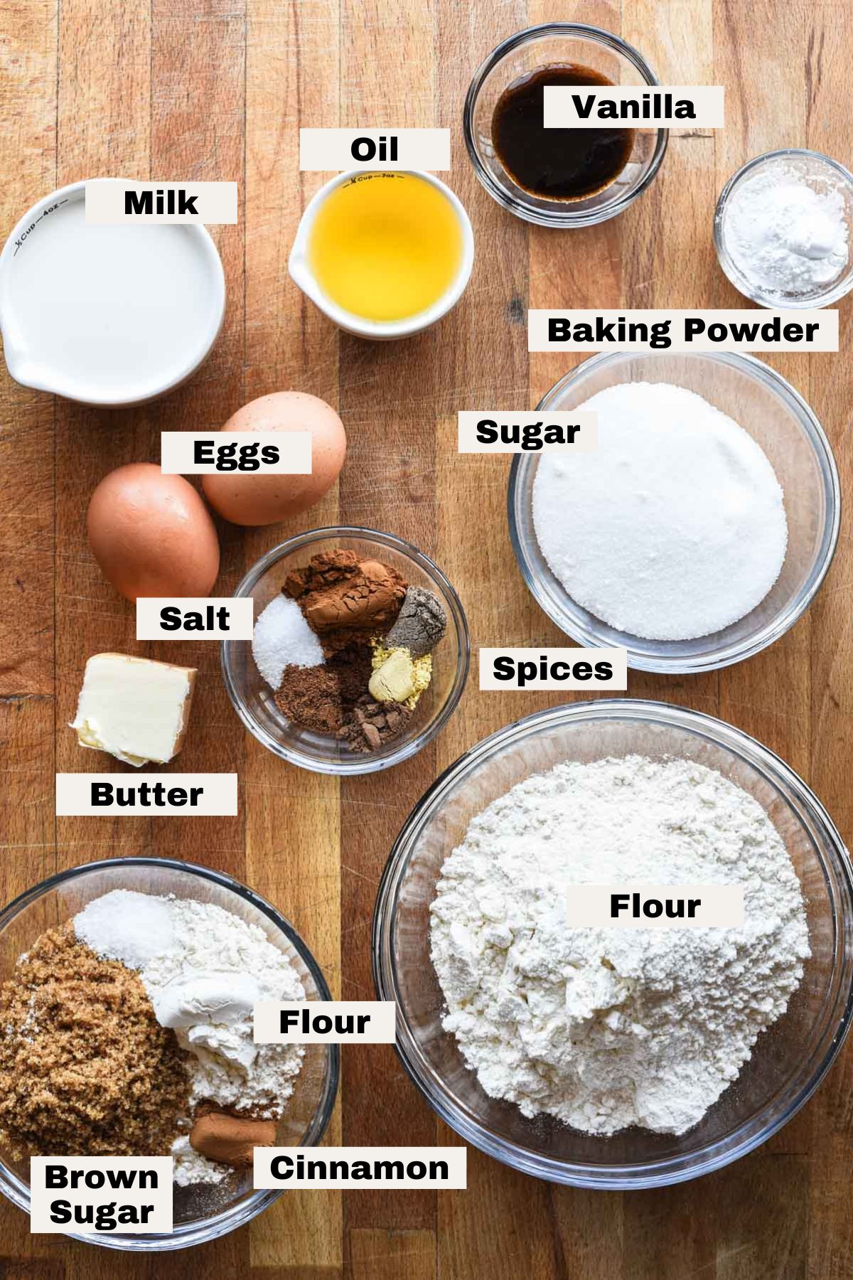 Ingredients for vanilla chai spiced muffins.