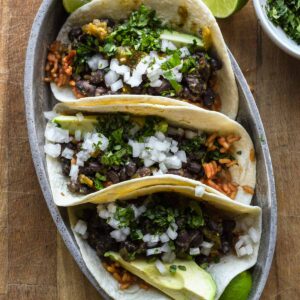 Assembled tacos up close.