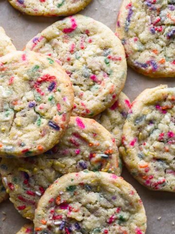 Close up of fresh baked sprinkle cookies.