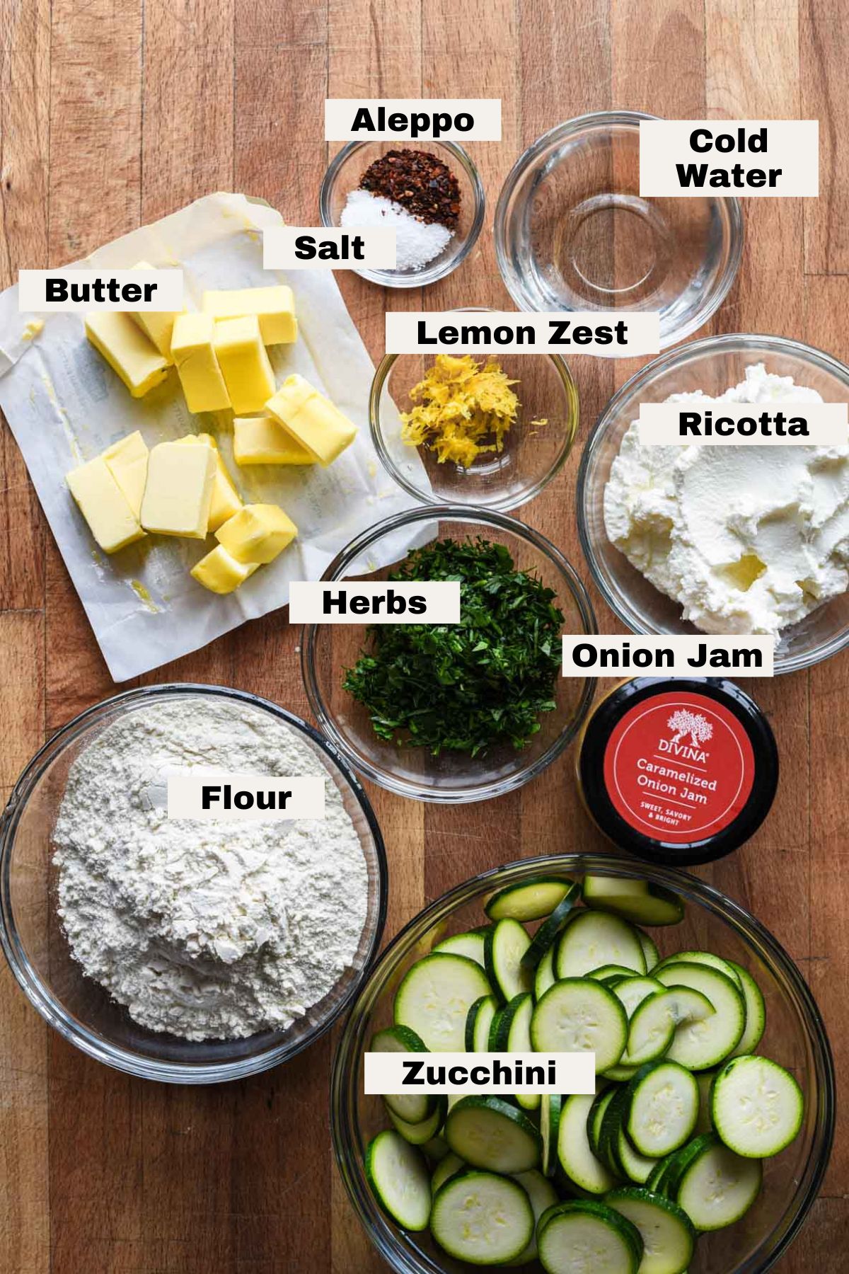 Ingredients to make zucchini ricotta galette.
