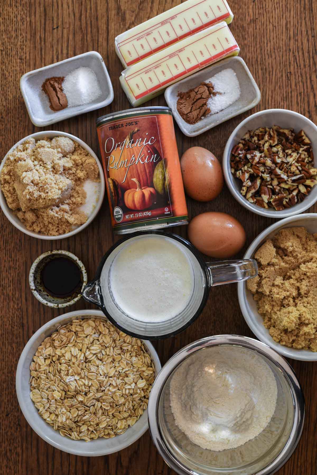 Ingredients to make pumpkin crisp on a table.