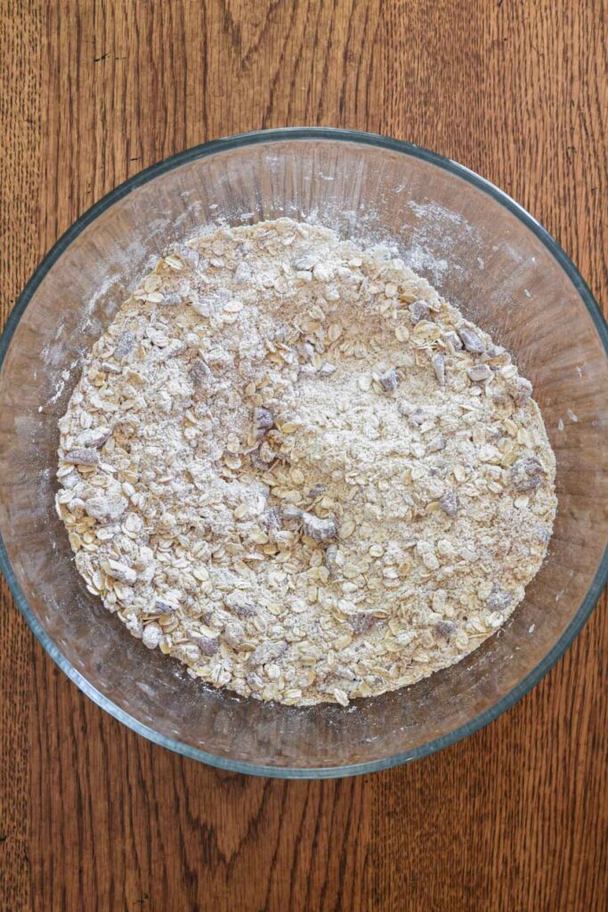 Dry ingredients of the oat pecan crisp mixed together.