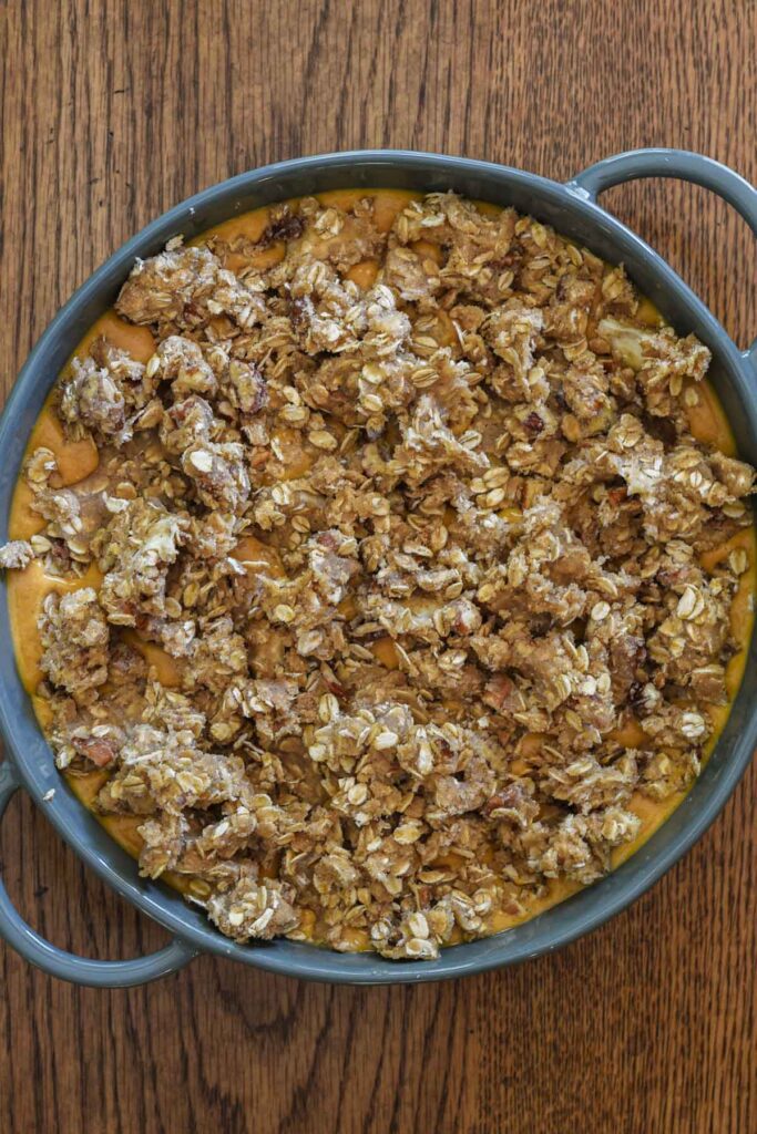 Assembled pumpkin crisp pre-bake.