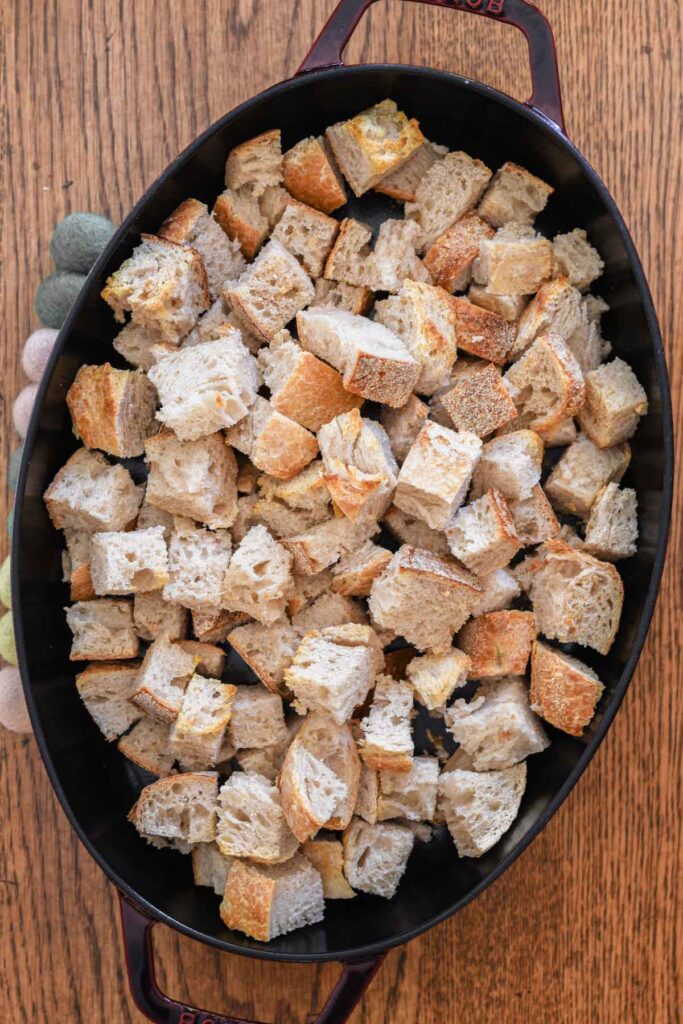 Toasted bread cubes.