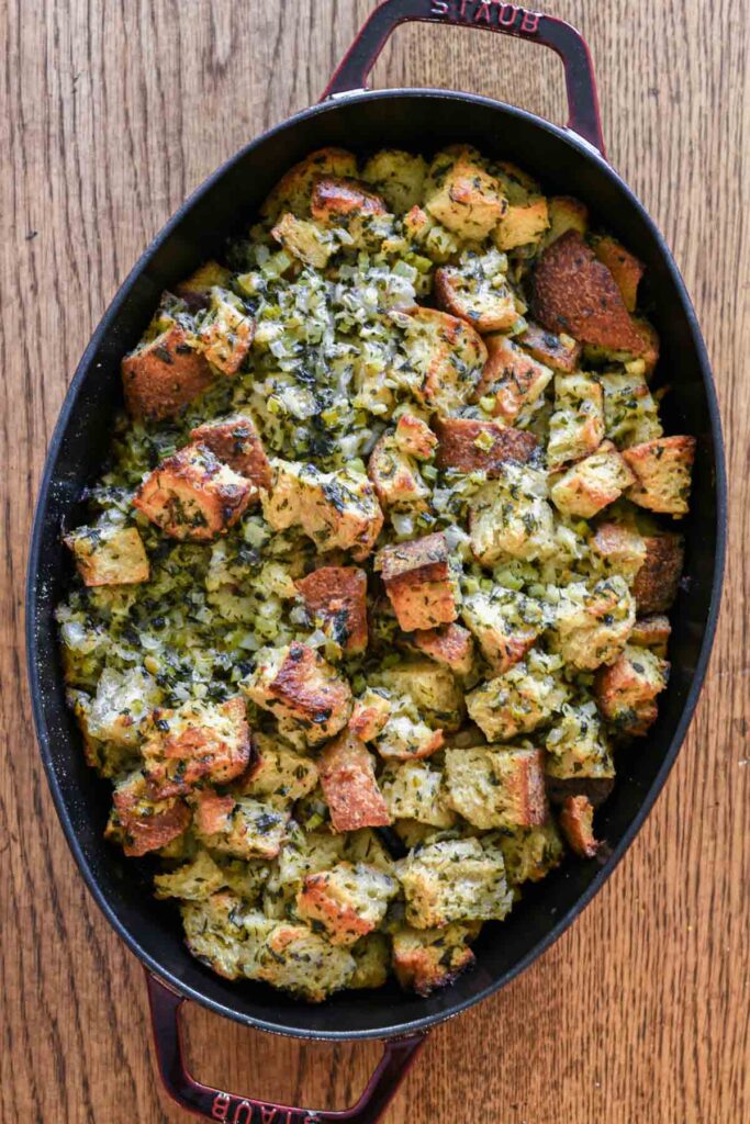 Sourdough stuffing fresh out of the oven.